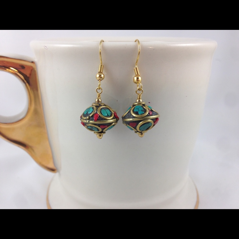 Tibetan Brass Coral and Turquoise Earrings